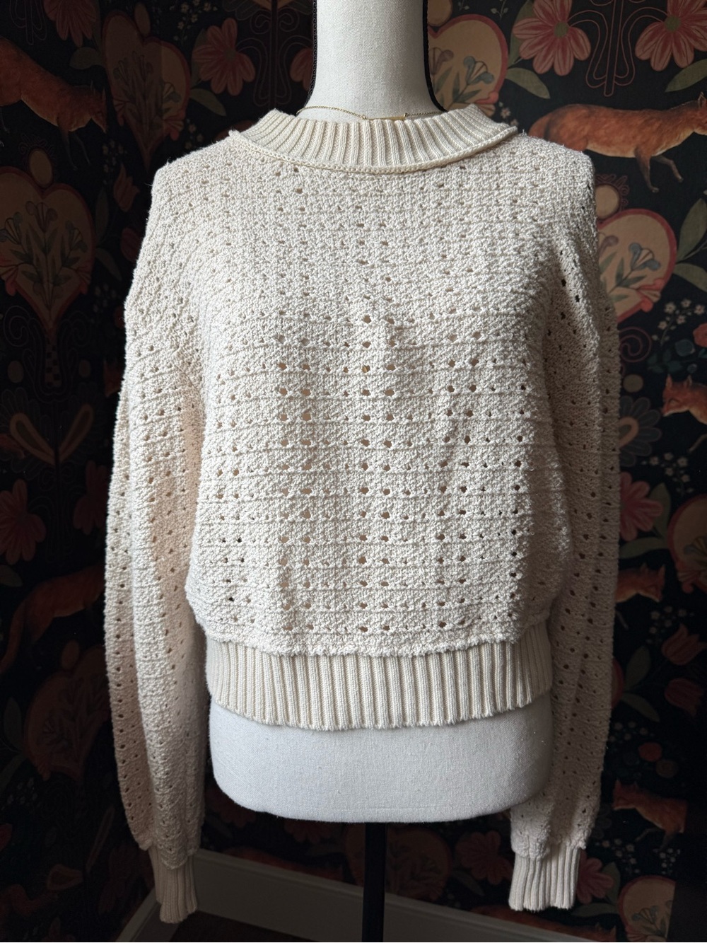 Free People Chunky Knit 100% Ivory Cream Sweater Drop Sleeve Crop Size M